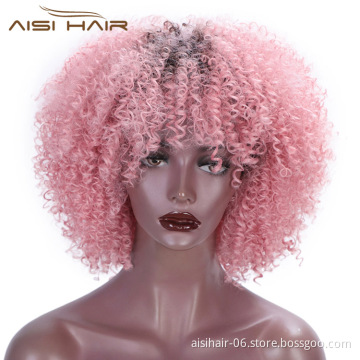 Aisi Hair Short Kinky Fluffy  Ombre Pink Wig Heat Resistant Synthetic Fiber Afro Curly Wigs For Black Women Cosplay Party Wigs